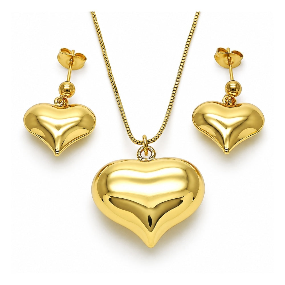 Oro Laminado Earring and Pendant Adult Set, Gold Filled Style Heart and Hollow Design, Polished, Golden Finish