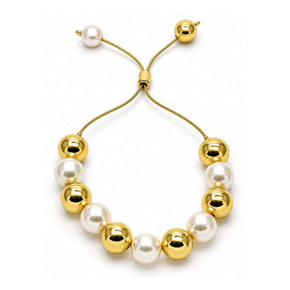 Oro Laminado Adjustable Bolo Bracelet, Gold Filled Style Ball and Rat Tail Design, with Ivory Pearl, Polished, Golden Finish