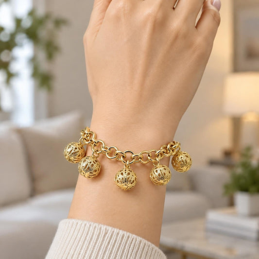 Oro Laminado Charm Bracelet, Gold Filled Style Rolo and Ball Design, Polished, Golden Finish