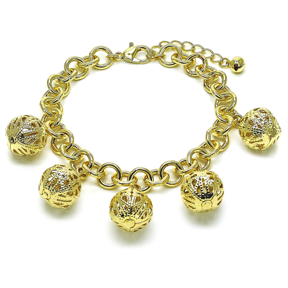 Oro Laminado Charm Bracelet, Gold Filled Style Rolo and Ball Design, Polished, Golden Finish