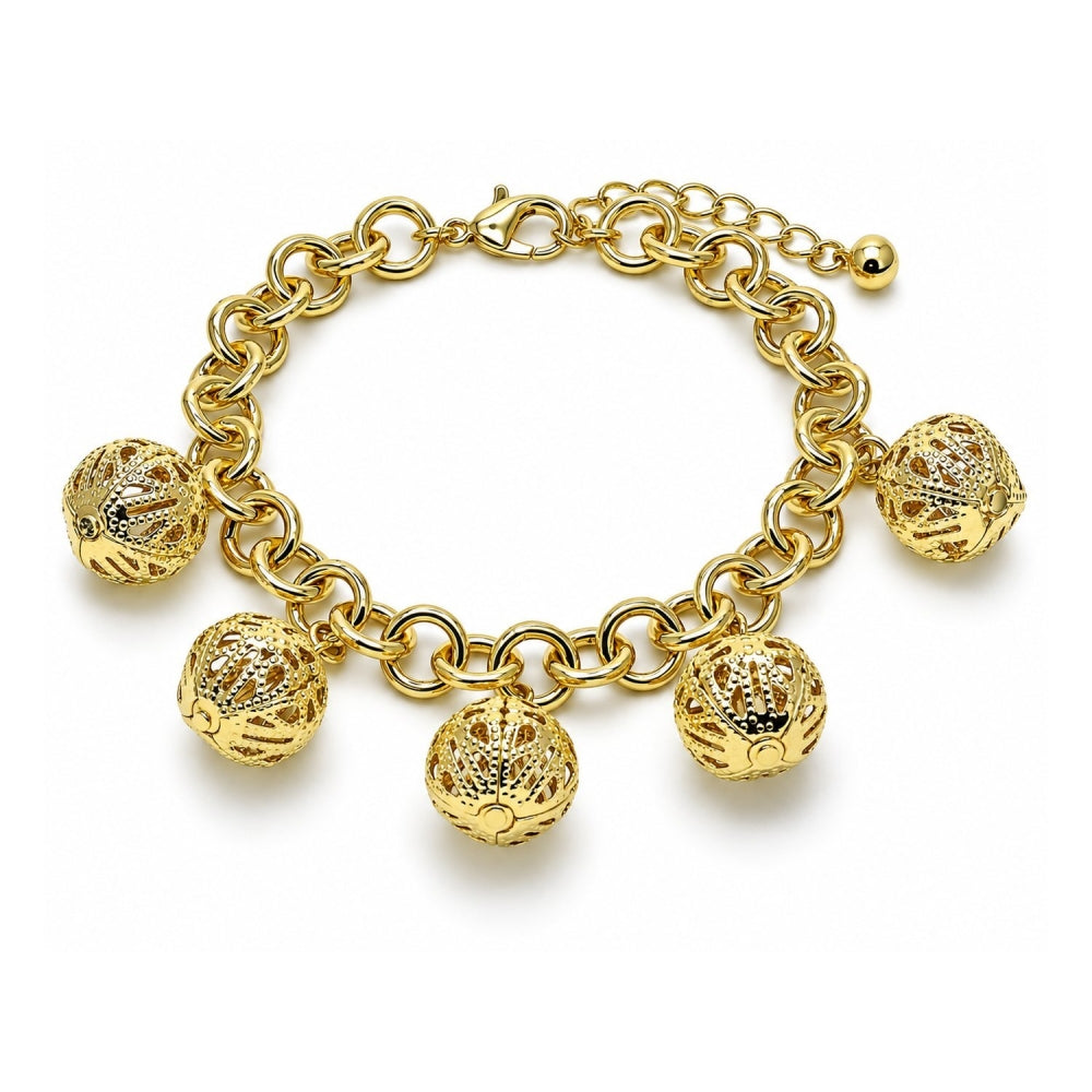 Oro Laminado Charm Bracelet, Gold Filled Style Rolo and Ball Design, Polished, Golden Finish