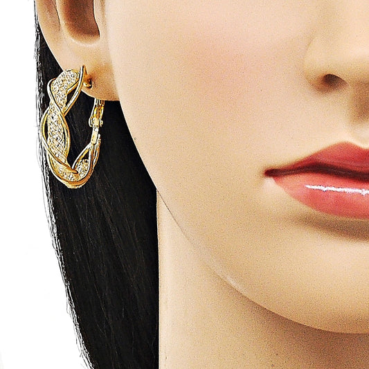 Oro Laminado Medium Hoop, Gold Filled Style Twist and Filigree Design, with White Crystal, Polished, Golden Finish