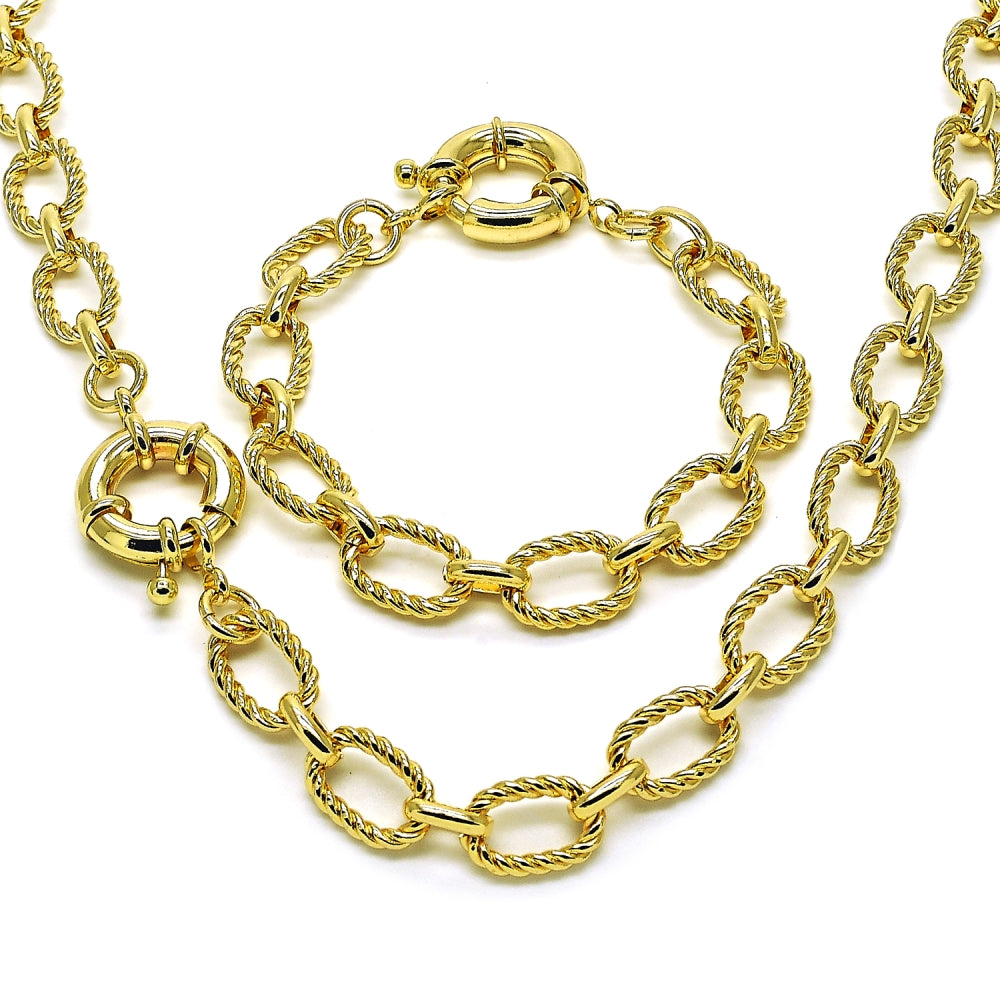 Oro Laminado Necklace and Bracelet, Gold Filled Style Rolo and Twist Design, Polished, Golden Finish