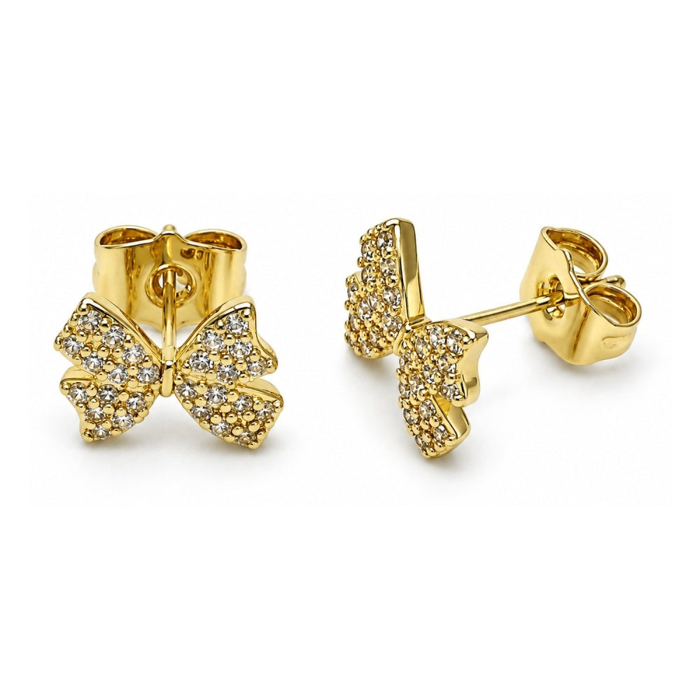 Oro Laminado Stud Earring, Gold Filled Style Bow Design, with White Micro Pave, Polished, Golden Finish