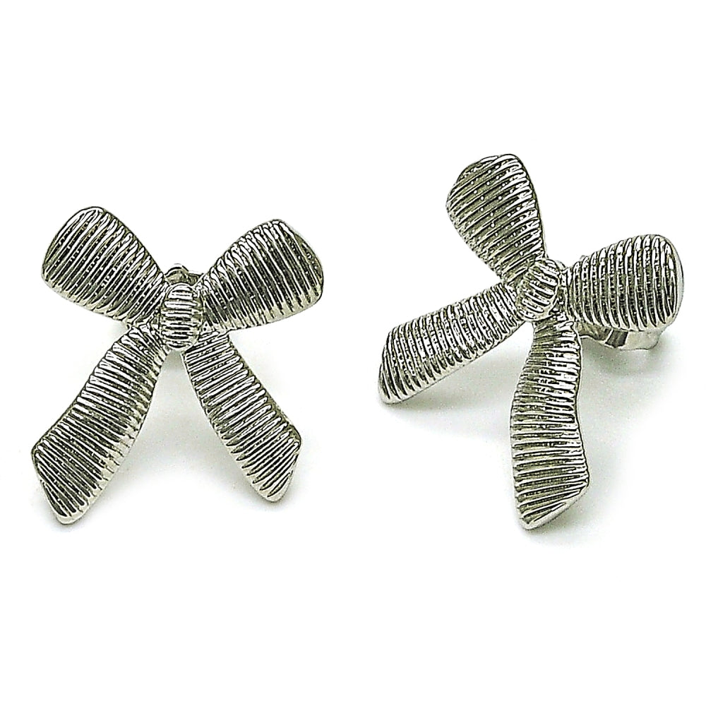 Rhodium Gold Filled Stud Earring, Bow Design, Diamond Cutting Finish, Rhodium Finish