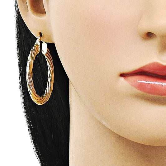 Oro Laminado Medium Hoop, Gold Filled Style Twist and Hollow Design, Polished, Tricolor