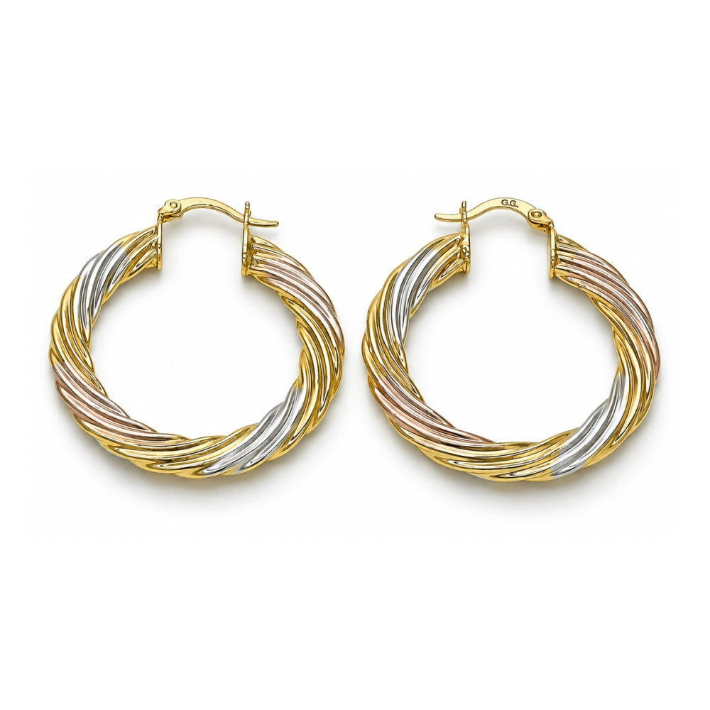Oro Laminado Medium Hoop, Gold Filled Style Twist and Hollow Design, Polished, Tricolor