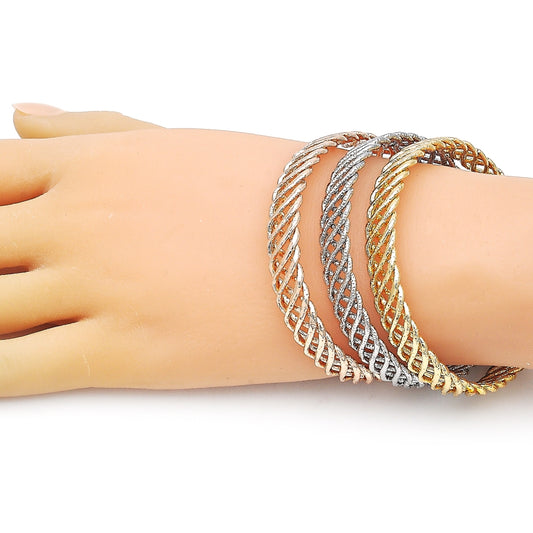 Oro Laminado Trio Bangle, Gold Filled Style Twist Design, Diamond Cutting Finish, Tricolor