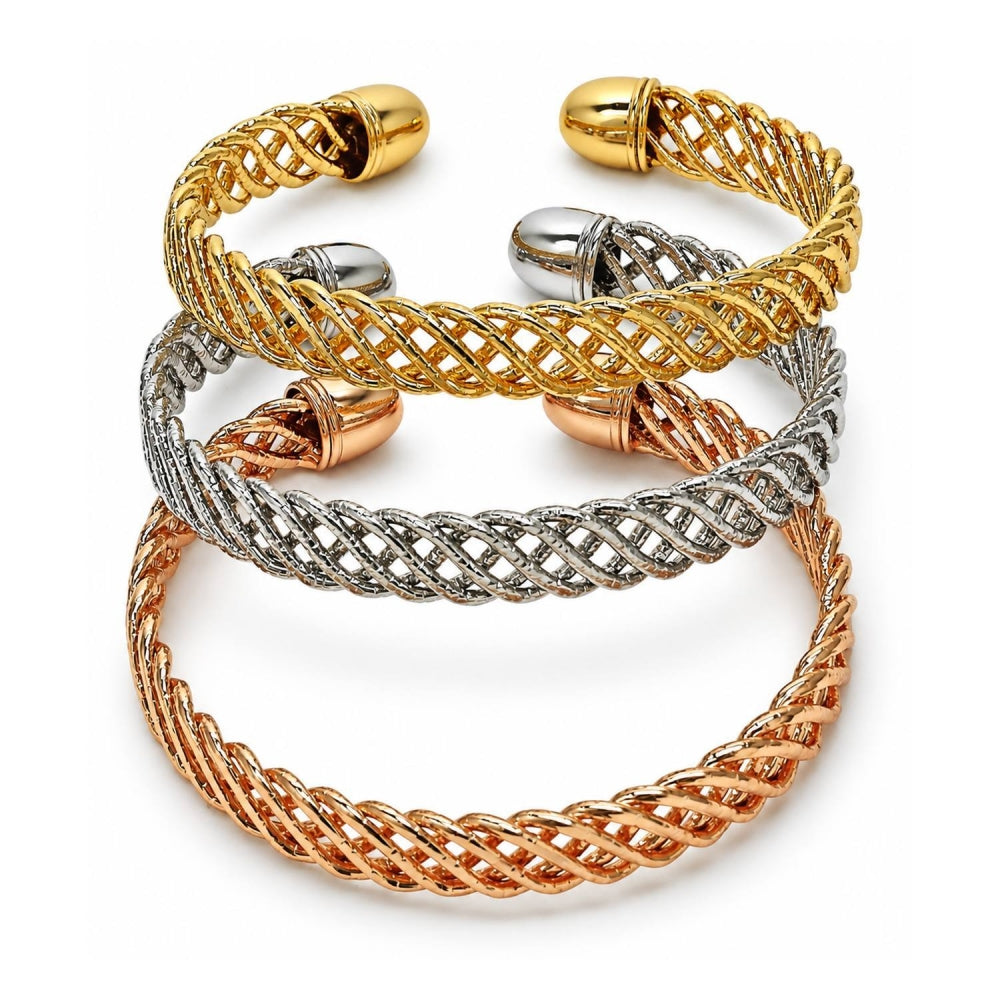 Oro Laminado Trio Bangle, Gold Filled Style Twist Design, Diamond Cutting Finish, Tricolor
