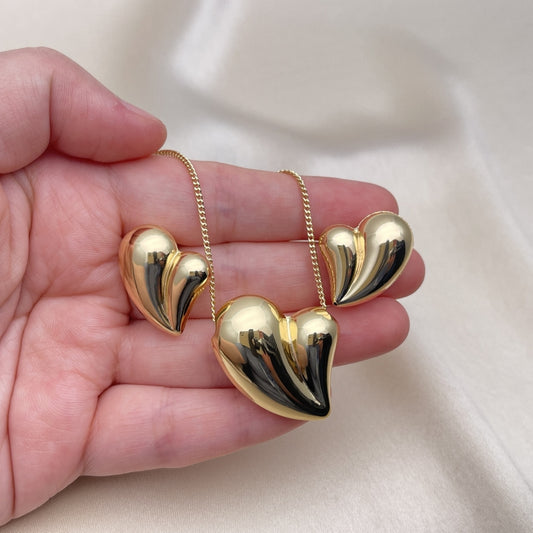 Oro Laminado Earring and Pendant Adult Set, Gold Filled Style Heart and Hollow Design, Polished, Golden Finish