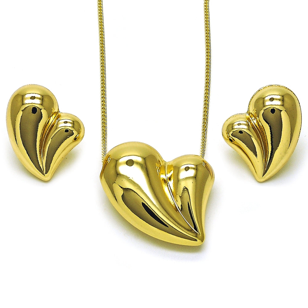 Oro Laminado Earring and Pendant Adult Set, Gold Filled Style Heart and Hollow Design, Polished, Golden Finish