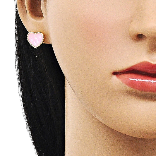 Oro Laminado Stud Earring, Gold Filled Style Heart Design, with Ivory Mother of Pearl, Pink Enamel Finish, Golden Finish