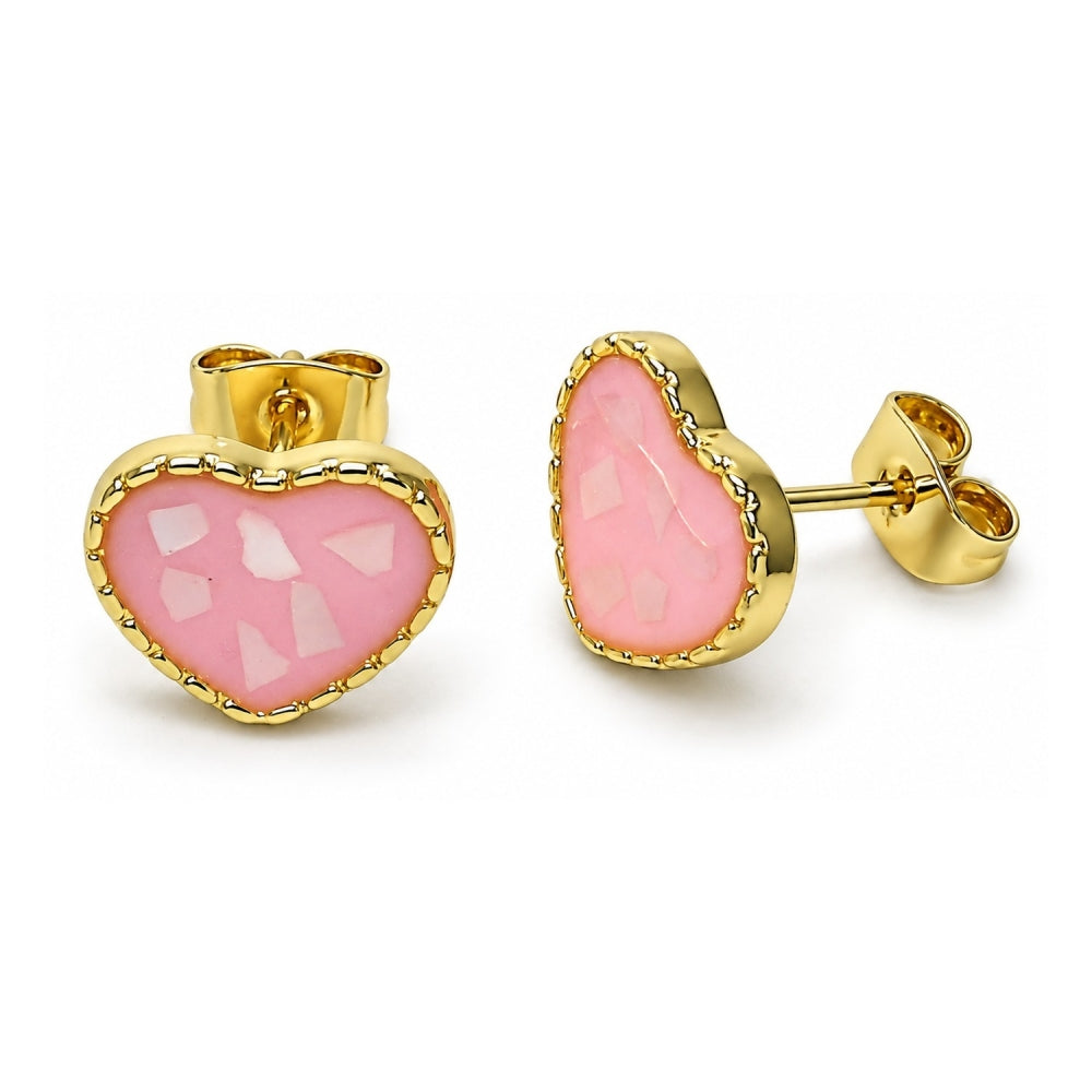 Oro Laminado Stud Earring, Gold Filled Style Heart Design, with Ivory Mother of Pearl, Pink Enamel Finish, Golden Finish