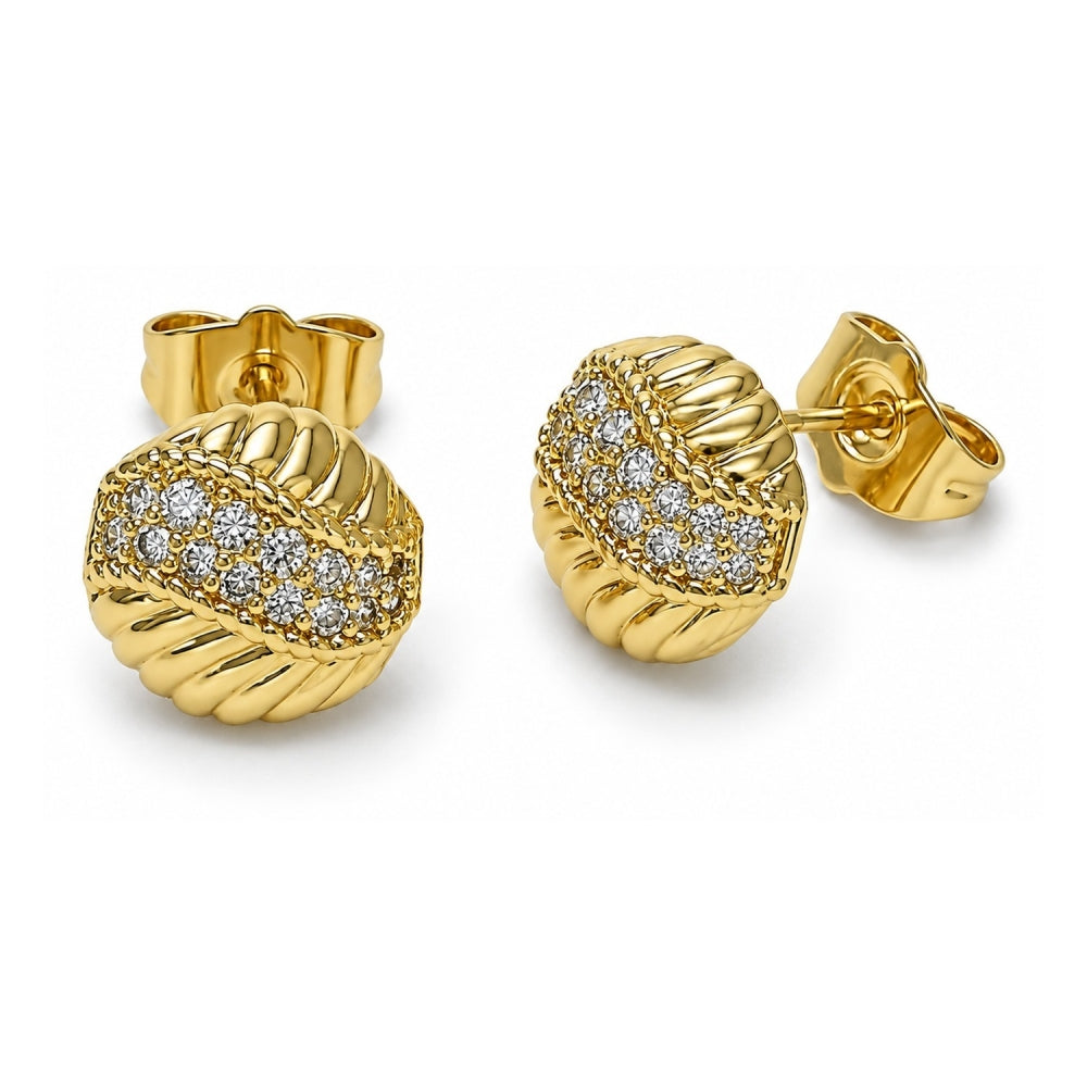 Oro Laminado Stud Earring, Gold Filled Style with White Micro Pave, Polished, Golden Finish