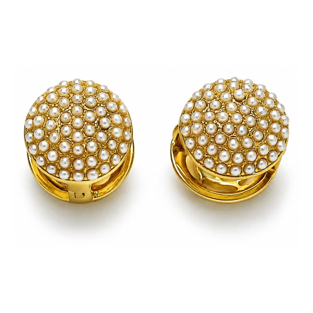 Oro Laminado Huggie Hoop, Gold Filled Style Flower Design, with Ivory Pearl, Polished, Golden Finish