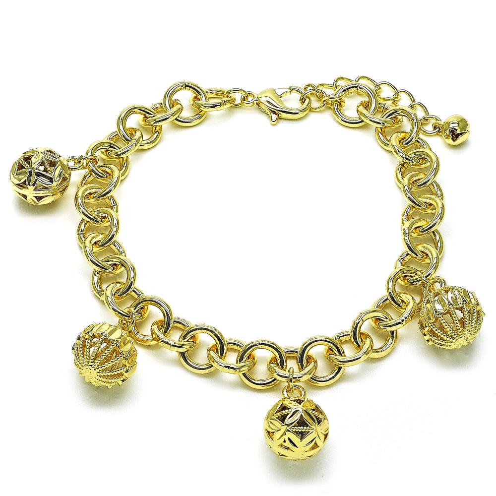 Oro Laminado Charm Bracelet, Gold Filled Style Ball and Rolo Design, Diamond Cutting Finish, Golden Finish