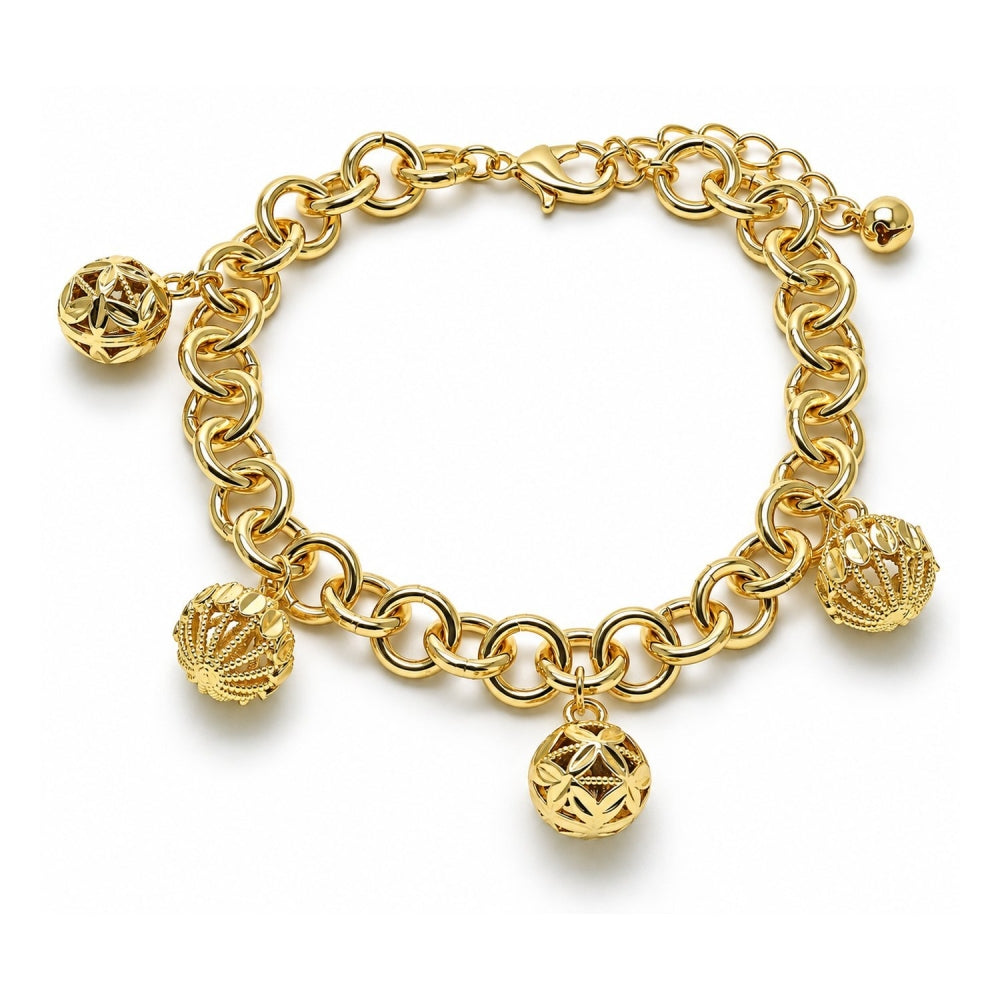Oro Laminado Charm Bracelet, Gold Filled Style Ball and Rolo Design, Diamond Cutting Finish, Golden Finish