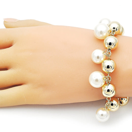 Oro Laminado Charm Bracelet, Gold Filled Style Ball and Hollow Design, with Ivory Pearl, Polished, Golden Finish