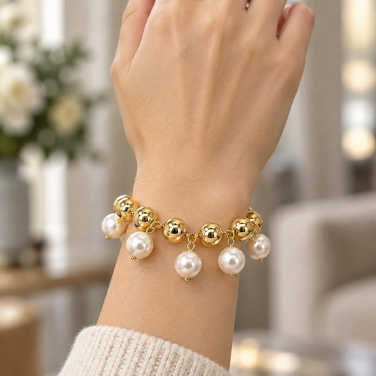 Oro Laminado Charm Bracelet, Gold Filled Style Ball and Hollow Design, with Ivory Pearl, Polished, Golden Finish