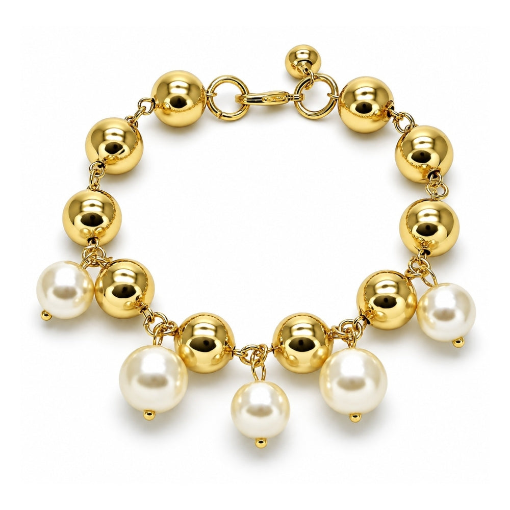 Oro Laminado Charm Bracelet, Gold Filled Style Ball and Hollow Design, with Ivory Pearl, Polished, Golden Finish