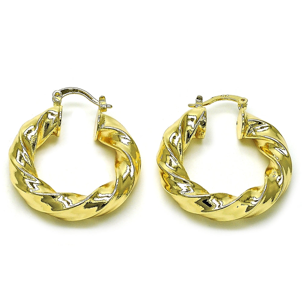 Oro Laminado Medium Hoop, Gold Filled Style Hollow and Twist Design, Polished, Golden Finish