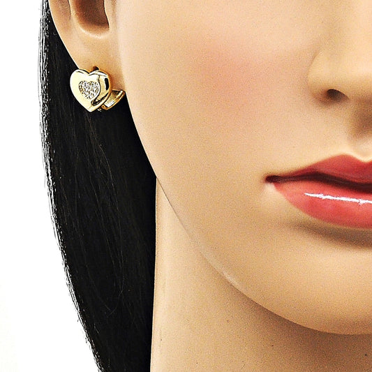 Oro Laminado Huggie Hoop, Gold Filled Style Heart Design, with White Micro Pave, Polished, Golden Finish