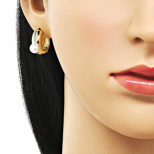 Oro Laminado Huggie Hoop, Gold Filled Style with Ivory Pearl and White Micro Pave, Polished, Golden Finish