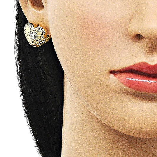 Oro Laminado Huggie Hoop, Gold Filled Style Heart and Sun Design, with White Cubic Zirconia, Polished, Golden Finish