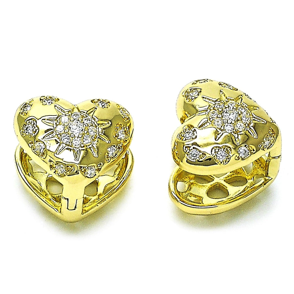 Oro Laminado Huggie Hoop, Gold Filled Style Heart and Sun Design, with White Cubic Zirconia, Polished, Golden Finish