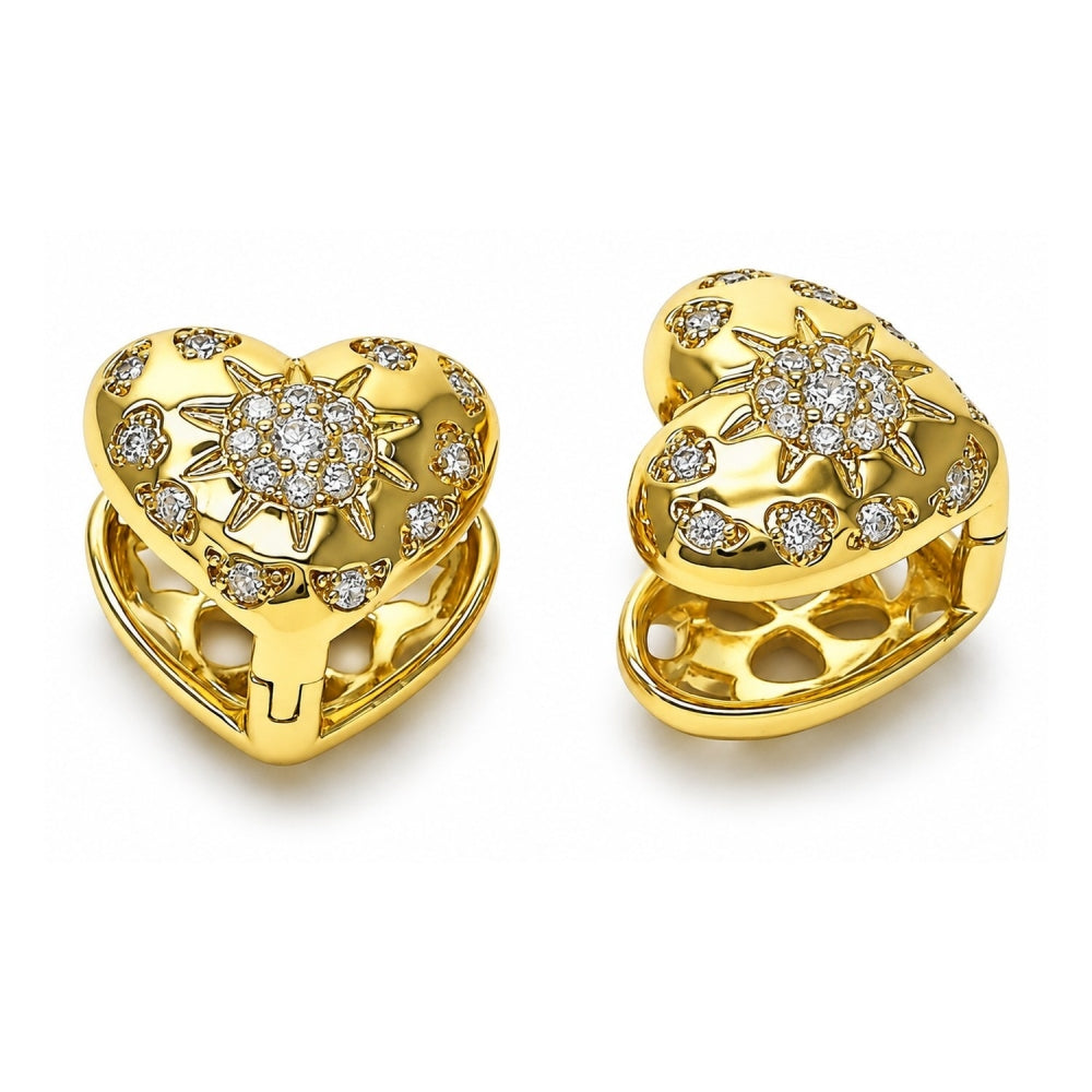 Oro Laminado Huggie Hoop, Gold Filled Style Heart and Sun Design, with White Cubic Zirconia, Polished, Golden Finish