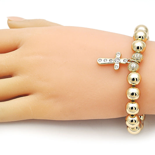 Oro Laminado Fancy Bracelet, Gold Filled Style Ball and Hollow Design, with White Cubic Zirconia, Polished, Golden Finish