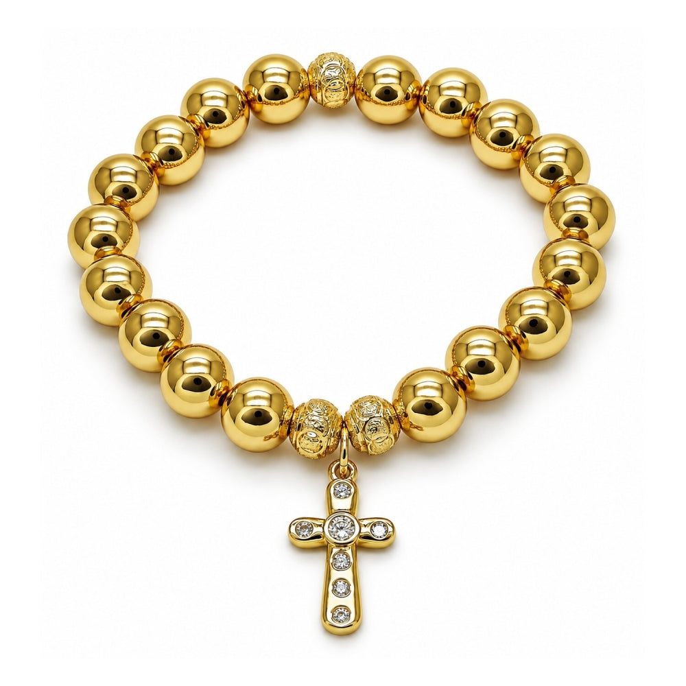 Oro Laminado Fancy Bracelet, Gold Filled Style Ball and Hollow Design, with White Cubic Zirconia, Polished, Golden Finish