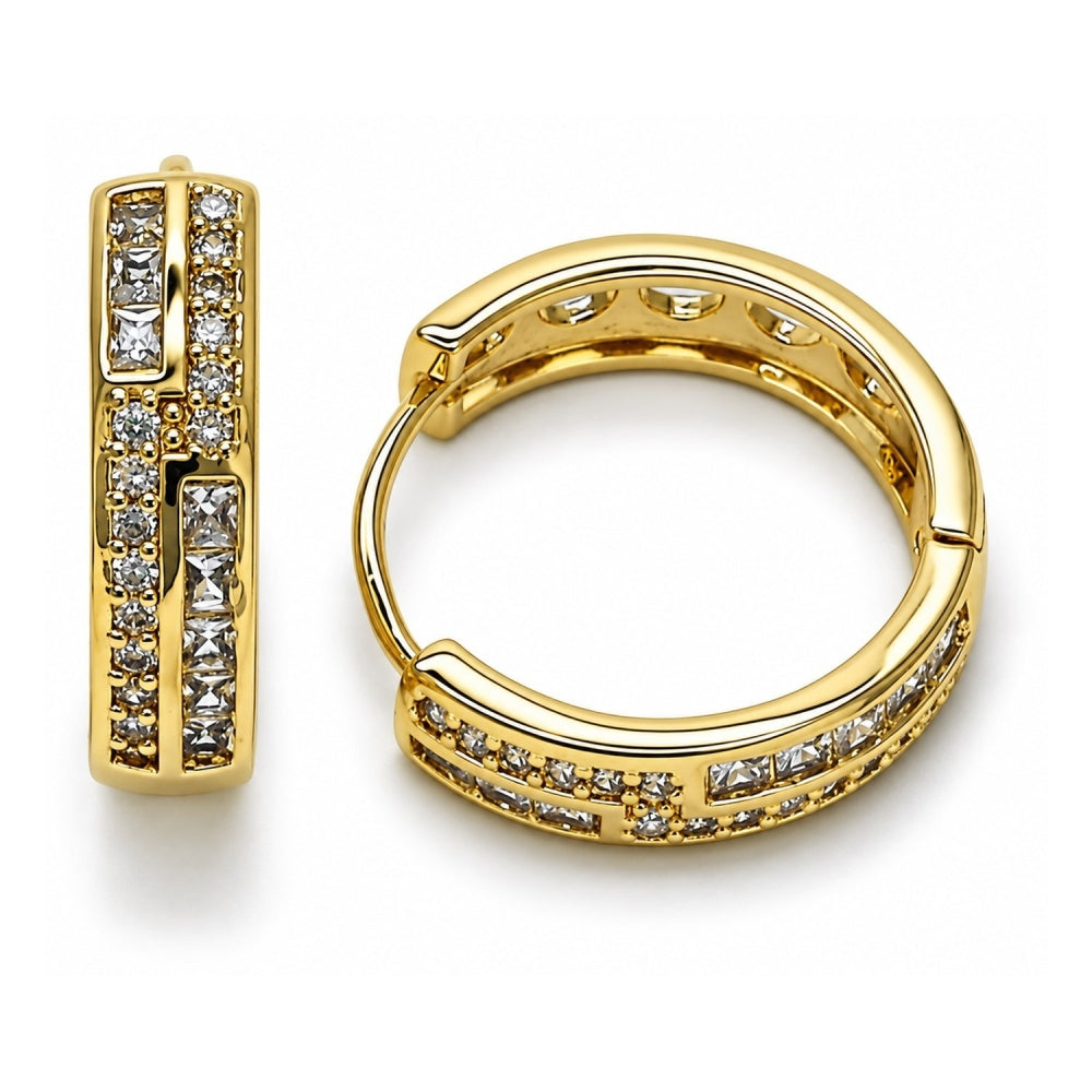 Oro Laminado Huggie Hoop, Gold Filled Style with White Cubic Zirconia, Polished, Golden Finish