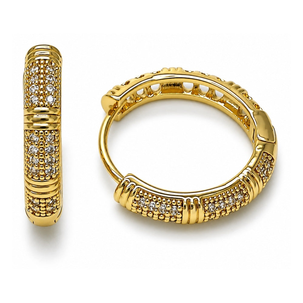 Oro Laminado Huggie Hoop, Gold Filled Style with White Micro Pave, Polished, Golden Finish