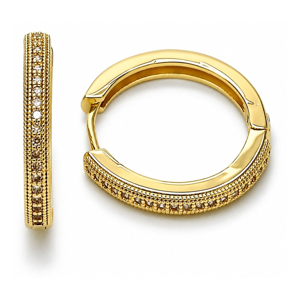 Oro Laminado Huggie Hoop, Gold Filled Style with White Micro Pave, Polished, Golden Finish