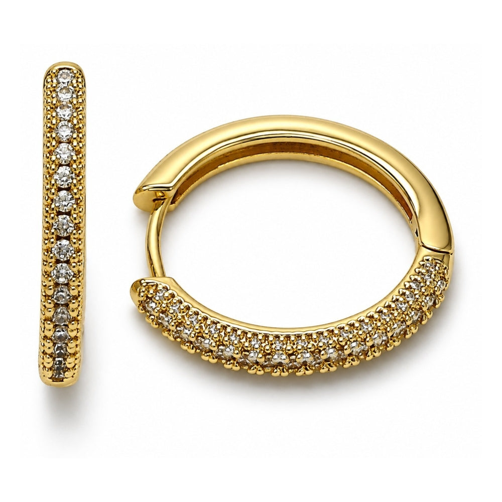 Oro Laminado Huggie Hoop, Gold Filled Style with White Cubic Zirconia, Polished, Golden Finish