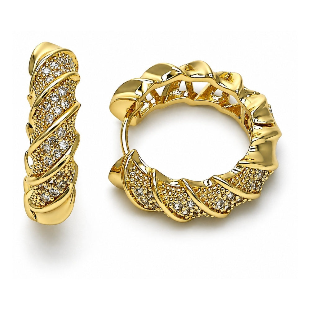 Oro Laminado Huggie Hoop, Gold Filled Style Twist Design, with White Cubic Zirconia, Polished, Golden Finish