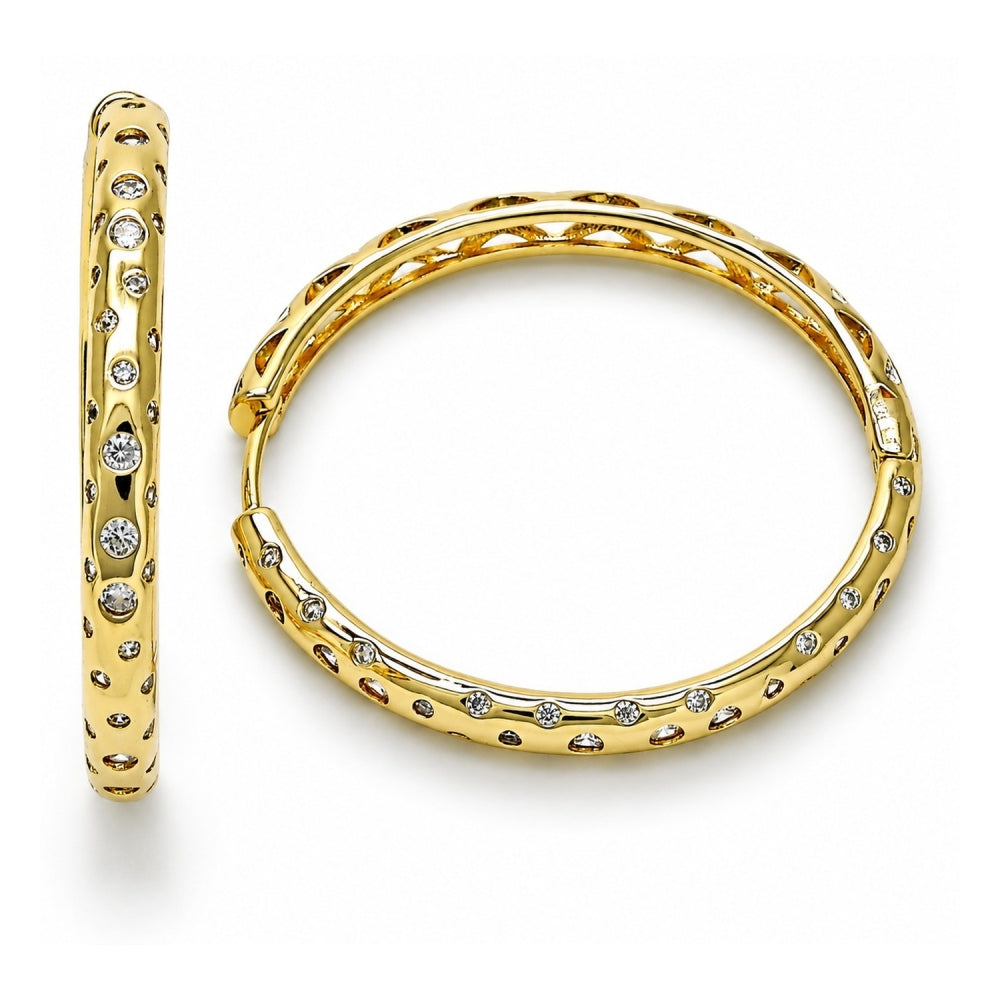 Oro Laminado Huggie Hoop, Gold Filled Style with White Cubic Zirconia, Polished, Golden Finish