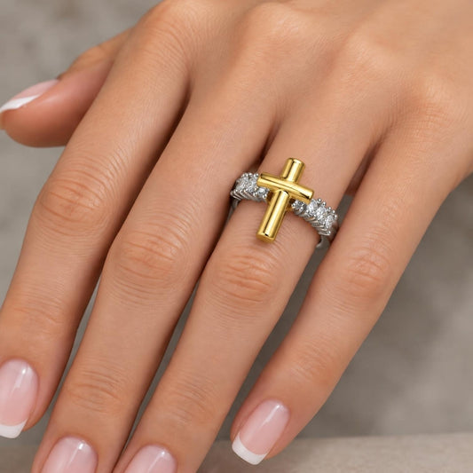 Oro Laminado Multi Stone Ring, Gold Filled Style Cross Design, with White Cubic Zirconia, Polished, Two Tone