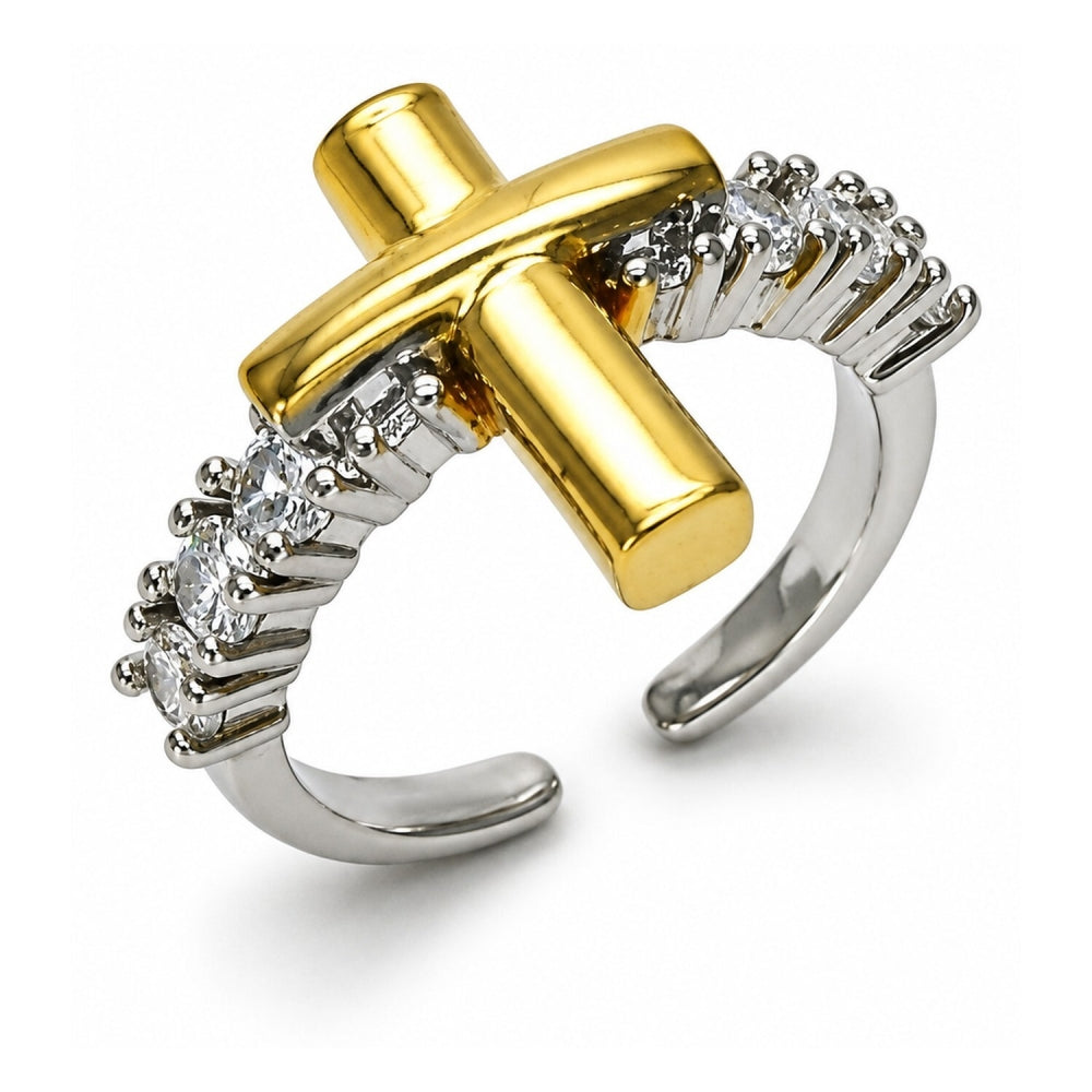 Oro Laminado Multi Stone Ring, Gold Filled Style Cross Design, with White Cubic Zirconia, Polished, Two Tone