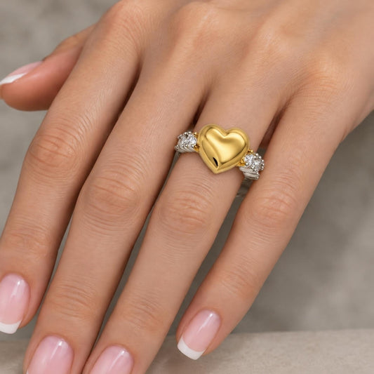 Oro Laminado Multi Stone Ring, Gold Filled Style Heart Design, with White Cubic Zirconia, Polished, Two Tone