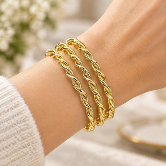 Oro Laminado Trio Bangle, Gold Filled Style Twist Design, Polished, Golden Finish
