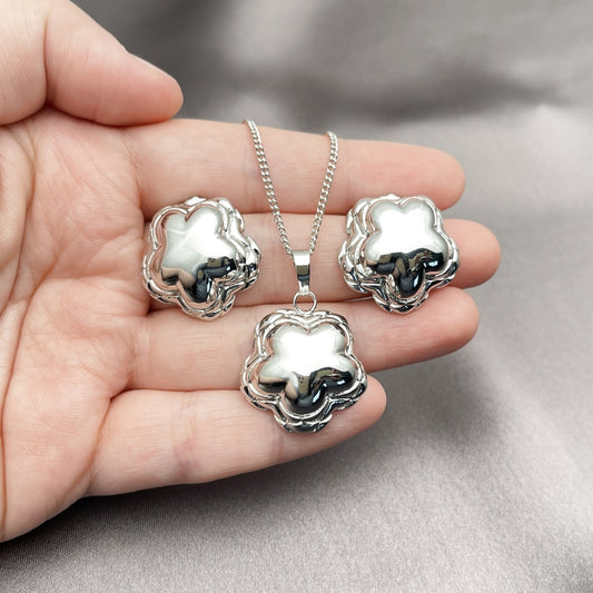 Rhodium Gold Filled Earring and Pendant Adult Set, Flower Design, Polished, Rhodium Finish