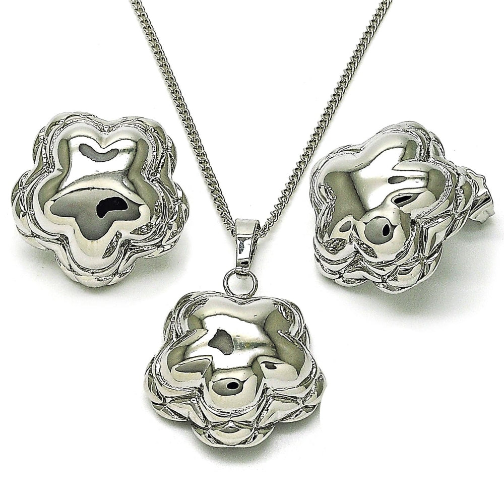 Rhodium Gold Filled Earring and Pendant Adult Set, Flower Design, Polished, Rhodium Finish