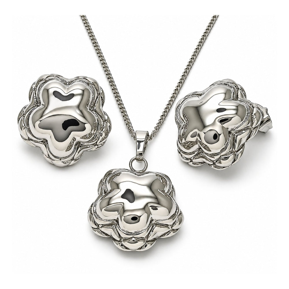 White Gold Filled Earring and Pendant Adult Set, Flower Design, Polished, Rhodium Finish