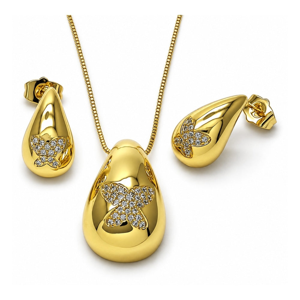 Oro Laminado Earring and Pendant Adult Set, Gold Filled Style Teardrop and Butterfly Design, with White Cubic Zirconia, Polished, Golden Finish