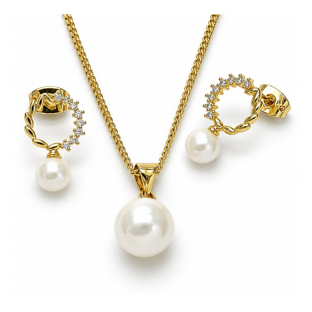 Oro Laminado Earring and Pendant Adult Set, Gold Filled Style Ball Design, with Ivory Mother of Pearl and White Cubic Zirconia, Polished, Golden Finish