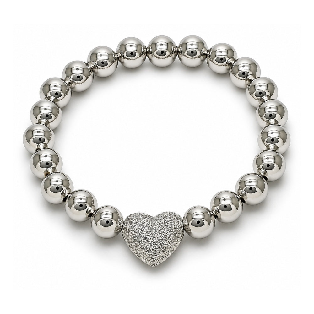 White Gold Filled Fancy Bracelet, Heart and Ball Design, Matte Finish, Rhodium Finish