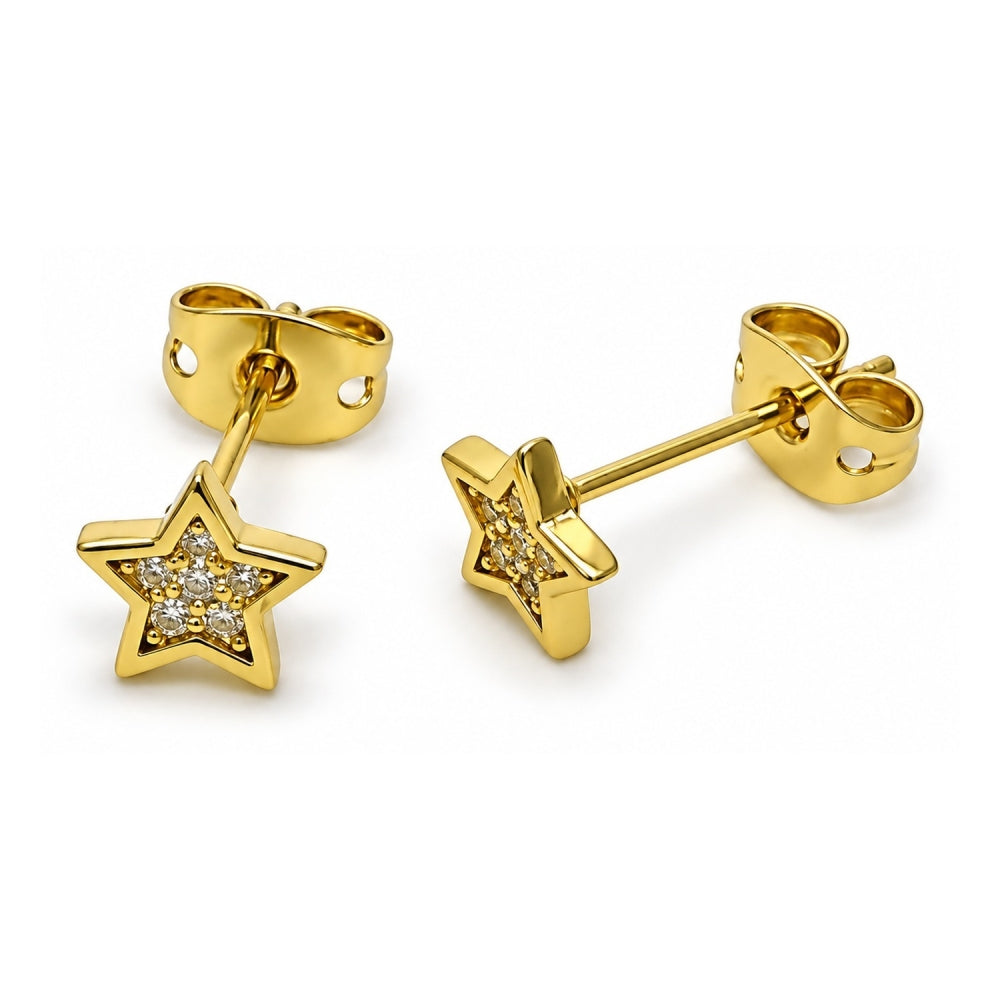 Oro Laminado Stud Earring, Gold Filled Style Star Design, with White Micro Pave, Polished, Golden Finish