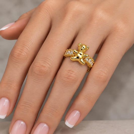 Oro Laminado Multi Stone Ring, Gold Filled Style Teddy Bear Design, with White Cubic Zirconia, Polished, Golden Finish